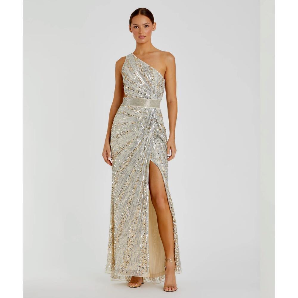 Mac Duggal Sequined One Shoulder Draped Lace Up Gown Nude/Silver Size 16 NWT